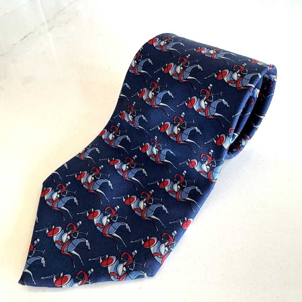 Salvatore Ferragamo Silk Necktie Navy Blue Red Equestrian Horse Jockey Classic - Picture 2 of 6